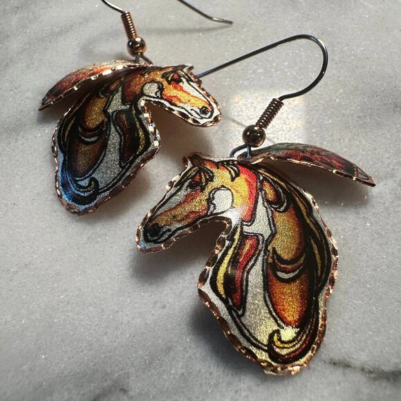 Handmade Boho Copper Feather Estuarian Horse‎ Wire Drop Earrings, Gift Box - Picture 2 of 9